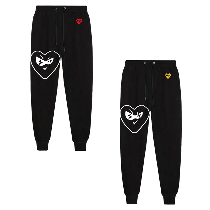 

Break Egg Men Women Trousers Cotton Heart Glasses Embroidery Cartoon Hollow Heart Print Thin Elastic Drawstring Spring Pant