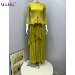 GGHK Pleated Women 2 Piece Solid Color Round Neck Long Sleeve Top Splicing Design Loose Large Size Casual Skirt 2024 New Set