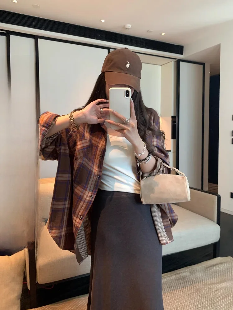 

EKOOL двусторонняя одежда в клетку, свободная женская верхняя одежда irt Lazy Sle для похудения, удобная хлопковая длинная свеч, удобная для поездок на работу