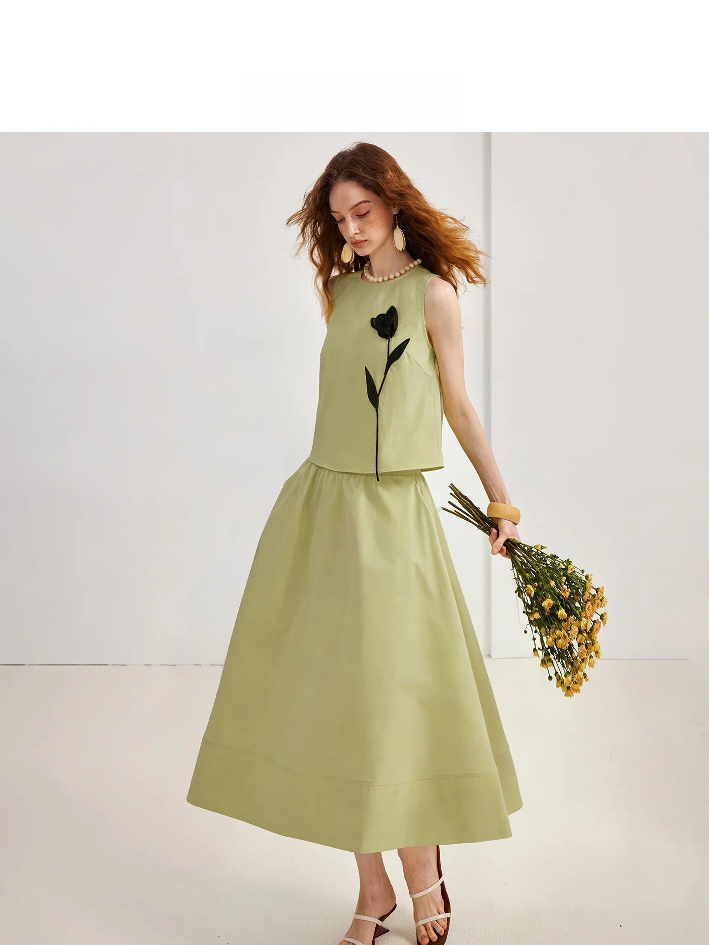 

Оригинальный комплект AEL: Жилет и юбка с цветочным принтом в стиле колор-блок, женский, весна-лето, зеленый, повседневный, для свиданий и отпуска