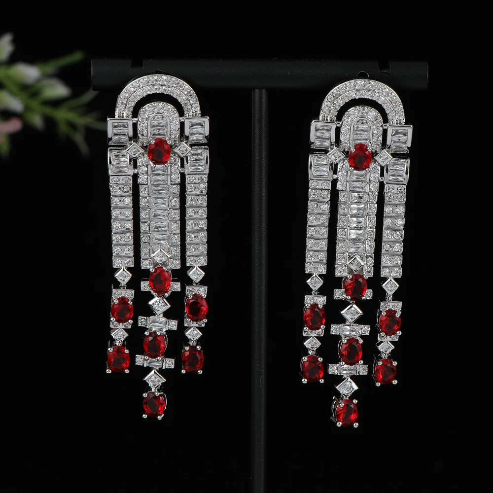 

Luxury Trendy Geometric Tassel Earrings For Women Wedding Cubic Zirconia CZ DUBAI Bridal Earring Jewelry A0234