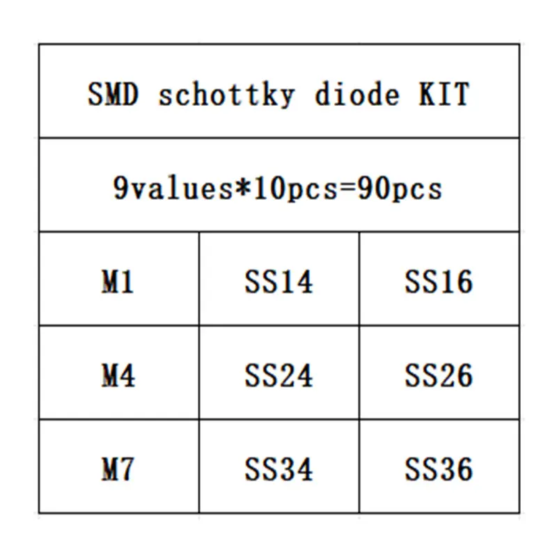 90pcs=9values x 10pcs 1N4001 1N4004 1N4007 SS14 SS24 SS34 SS16 SS26 SS36 SMD schottky diode assort kit 100% original new