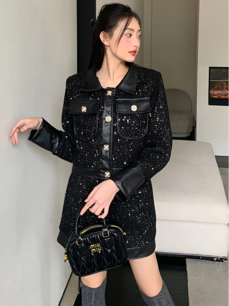 Korean Style High Street Women 2 Pcs Fashion New Single Breasted Spliced Leather Polo Small Fragrance Jacket + A-line Skirt Sets