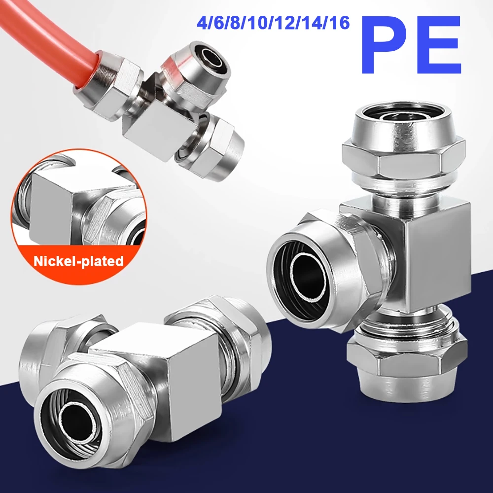 

1PC Pneumatic Fitting PE4/6/8/10/12/14/16 Quick twist Tee Copper Nickel Plated High Voltage Lock Female Connector