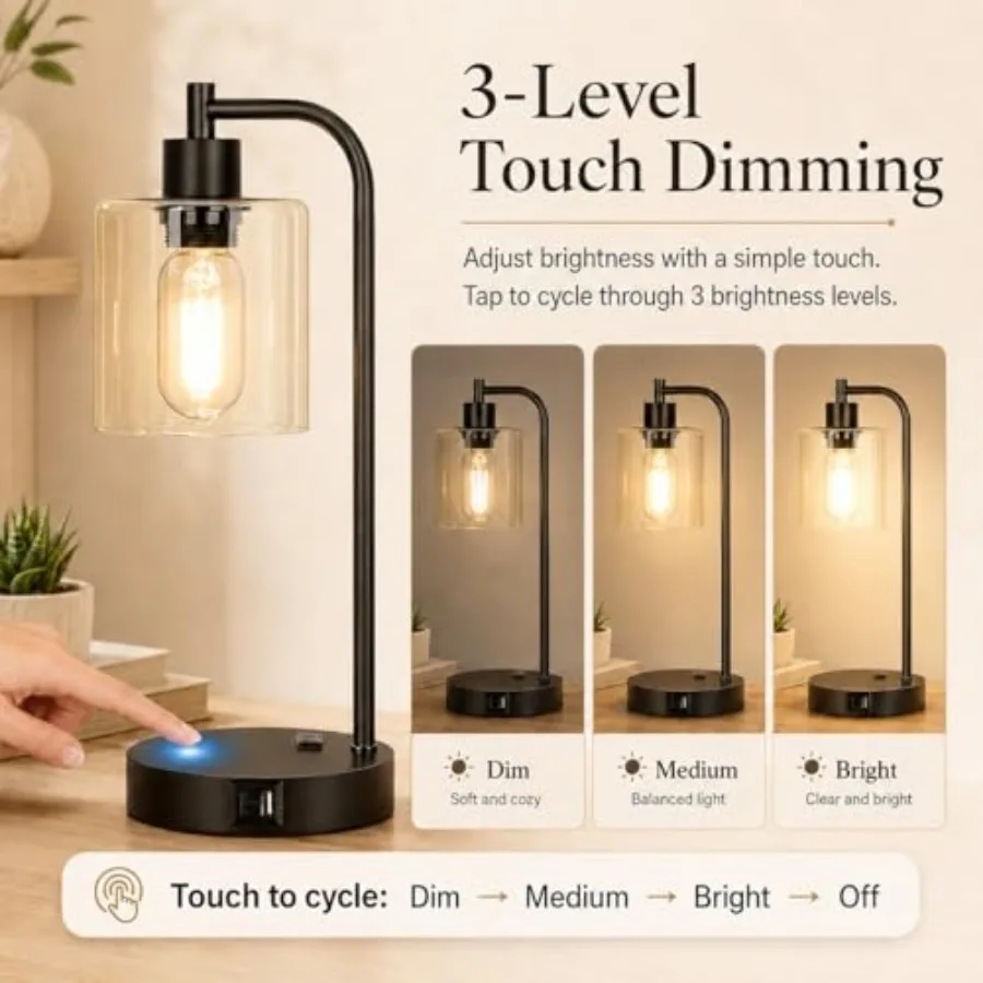 Set of 2 Industrial Touch Control Table Lamps with USB C+A Ports and AC Outlet - 3-Way Dimmable Black Bedside Lamps Nightstand - view 3