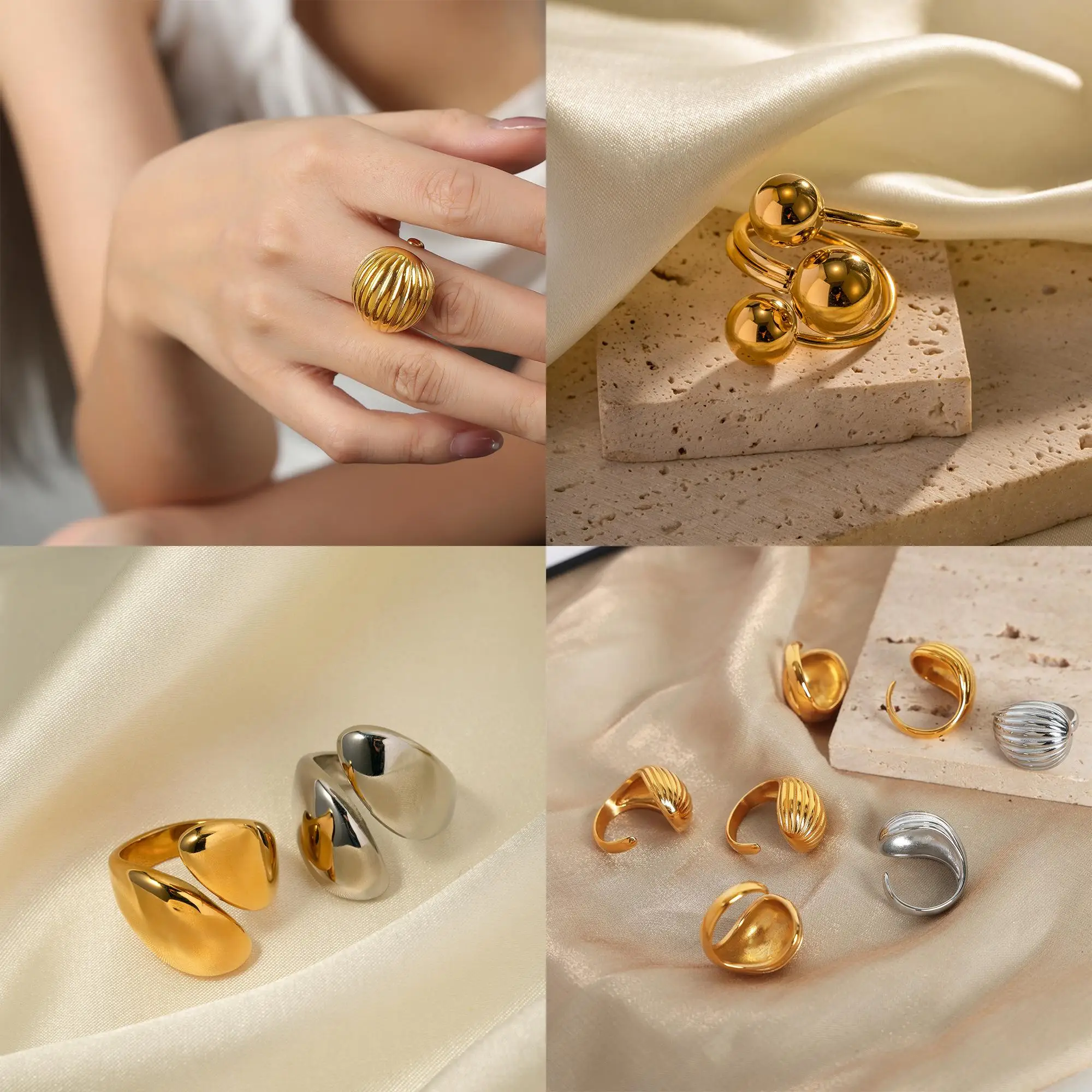 CARLIDANA Vintage Statement Design 18K pozłacana biżuteria ze stali nierdzewnej wodoodporna kula w paski tekstura kropli wody otwarty pierścień