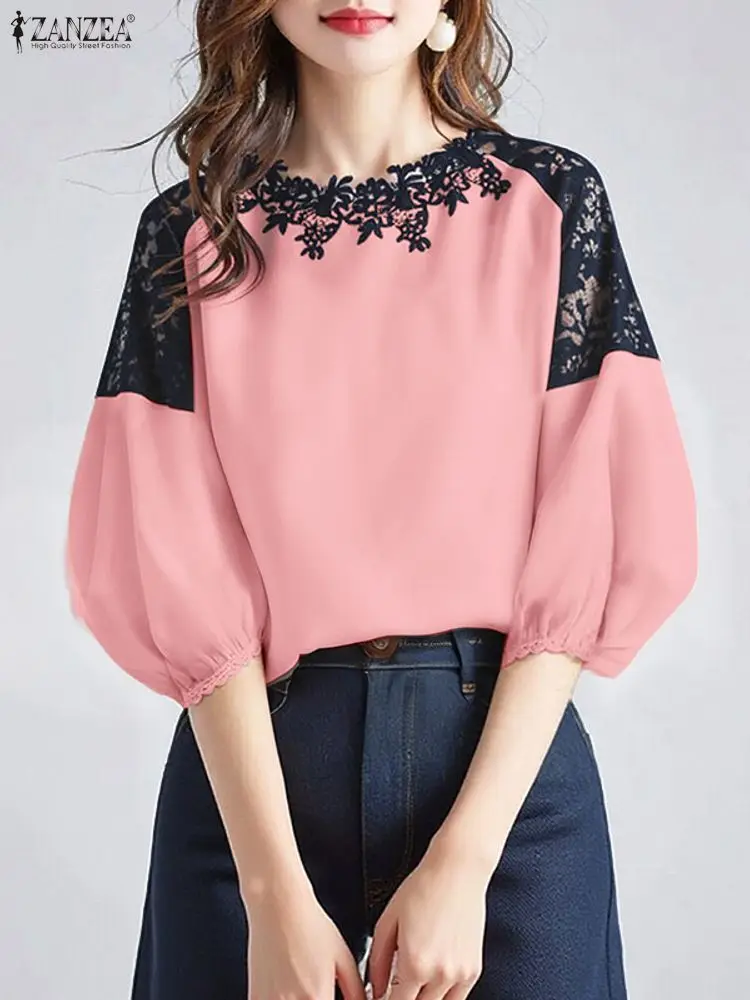 

ZANZEA, женская кружевная лоскутная блузка, модная туника 2024, топы с рукавами 3/4, повседневные элегантные офисные женские рубашки, свободные корейские рабочие блузки