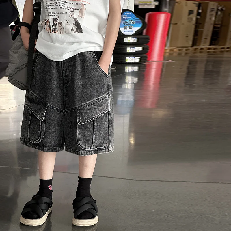 

Kids New Summer Denim Shorts Teen Boys Casual Knee-Length Jeans Teenage Child Fashion Black Denim Trousers Toddler Ages 4-14Y