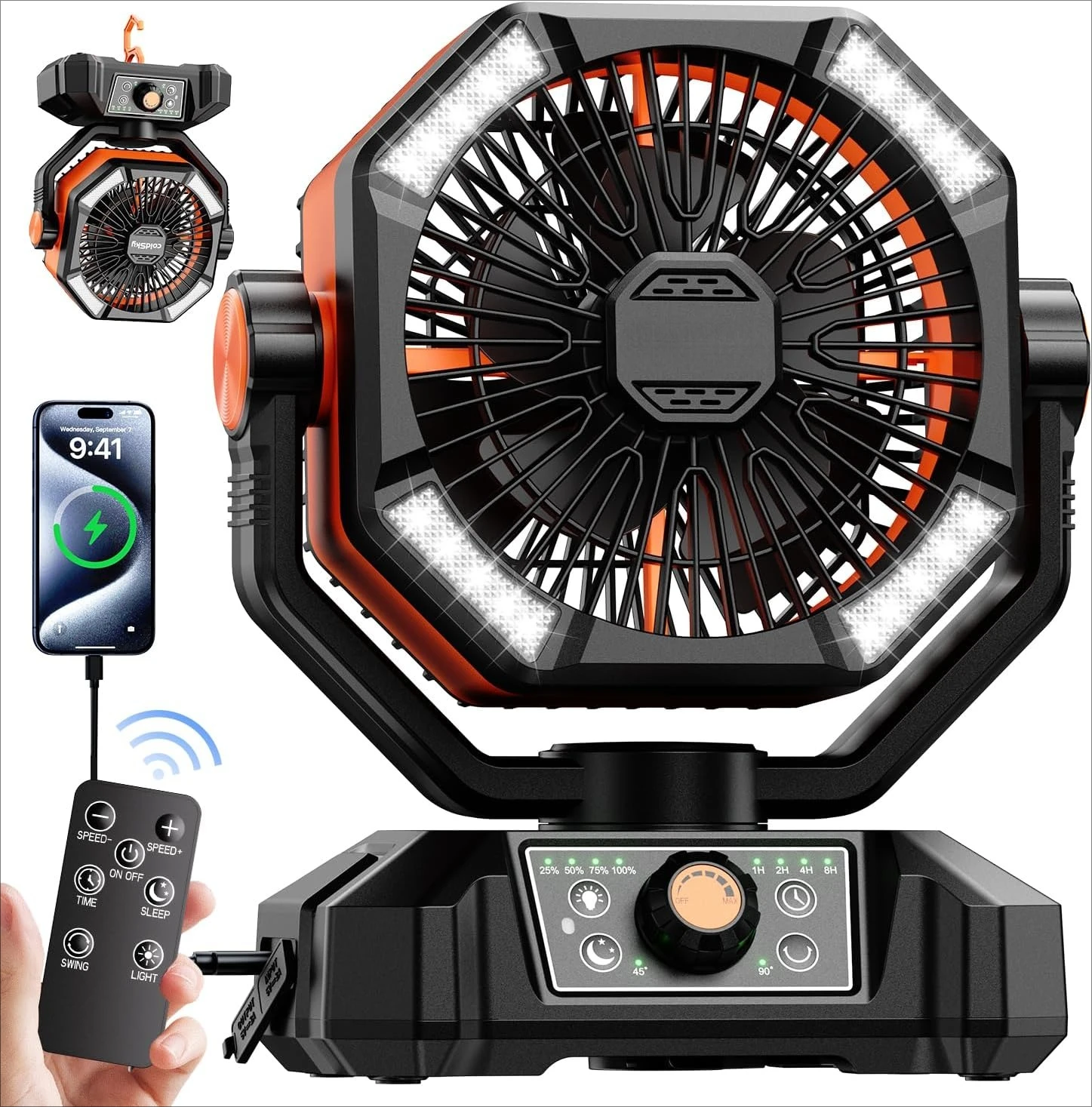 ???????? Camping Fan with ???? ?????, Battery Operated Fan with 4 LED Lantern, 8 Speeds Desk Fan with Remote image 2