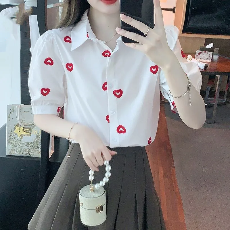 French Style Korean Commuter 2024 Summer New Blouses Women\'s Loose Patchwork Printed Button Polo Collar Short Sleeve Shirt Tops