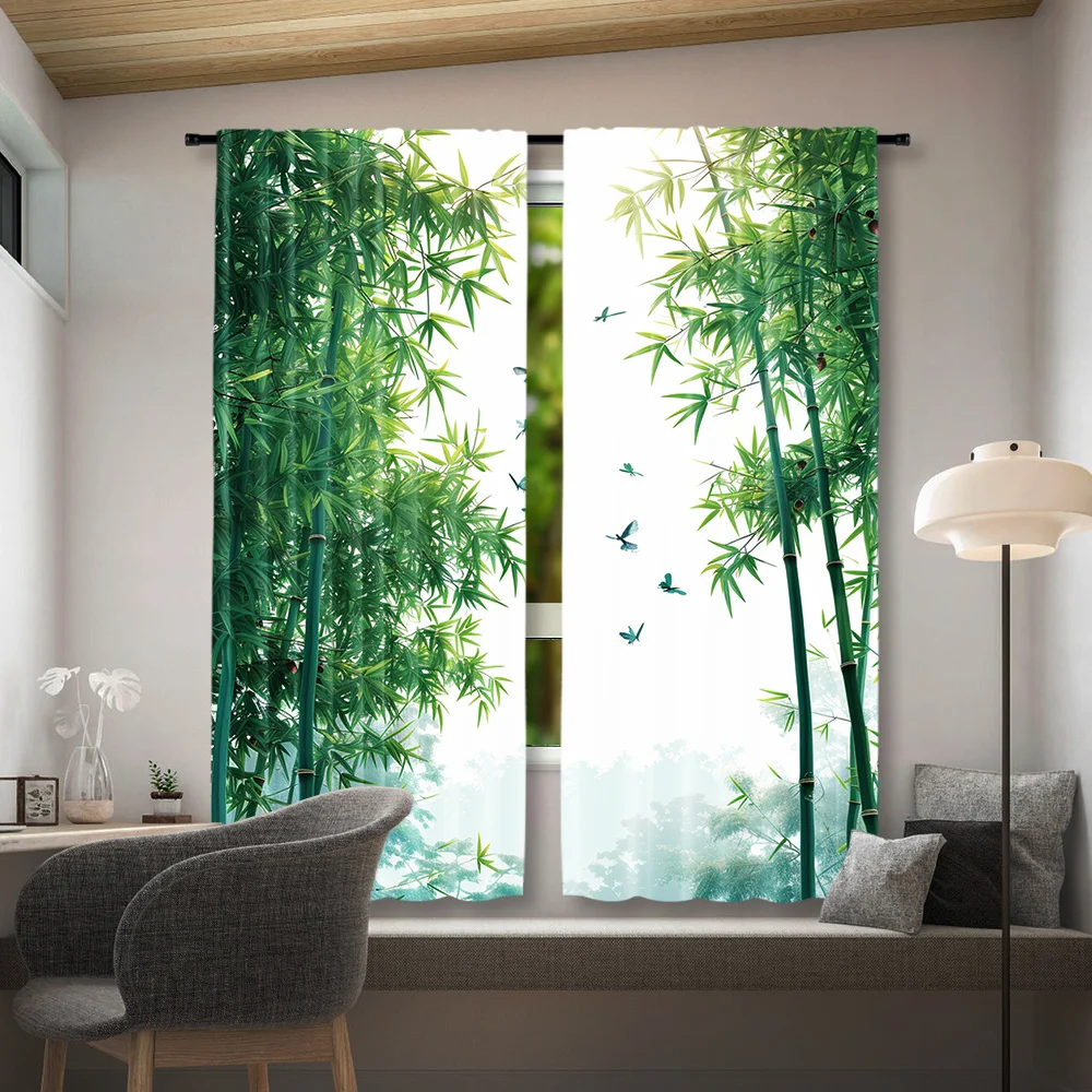 Fresh Bamboo Forest Theme Curtain 2 Panels Lush Green Stalks Soft Mist Base Living Room Curtain Elegant Retro Oriental Home