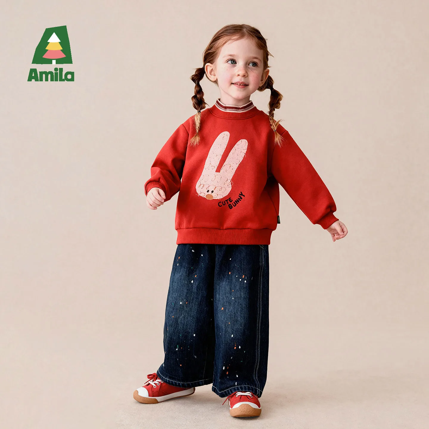 Amila 2026 Winter New Kids Jeans Fleece Lined Warm Thermal Wide Leg Loose Fit Casual Soft Comfortable Cozy Daily Long Pants