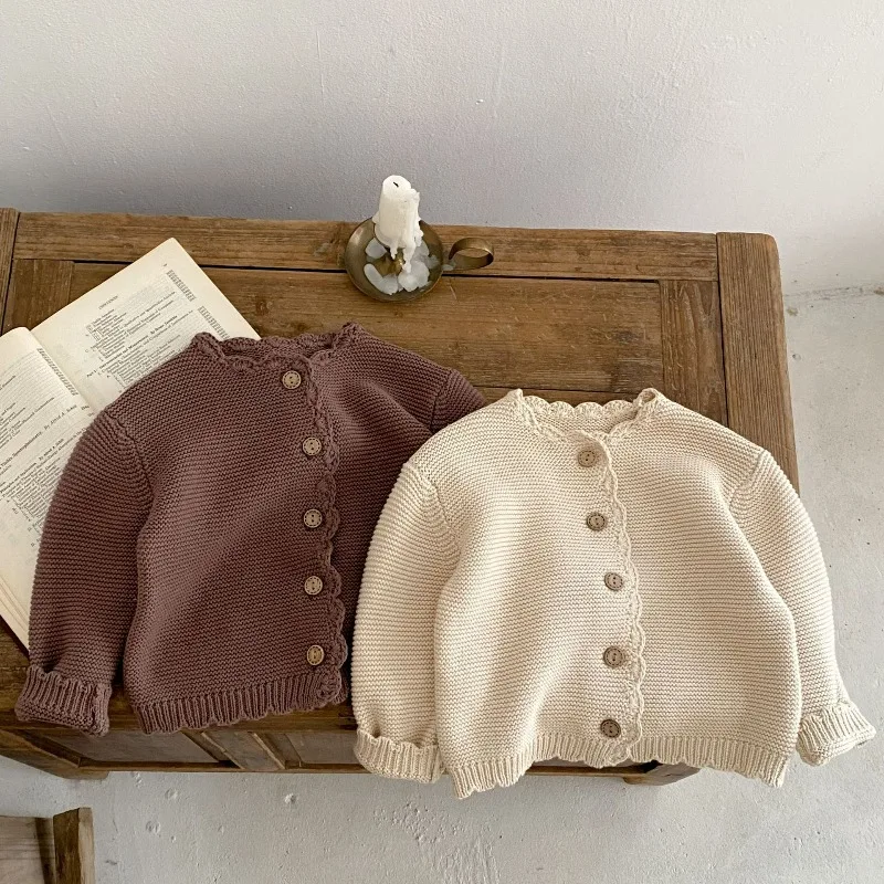 Baby Spring Knit Cardigan Solid Color Crew Neck with Hand Crochet Trim  Pure Cotton Long Sleeve Unisex Kids Outerwear