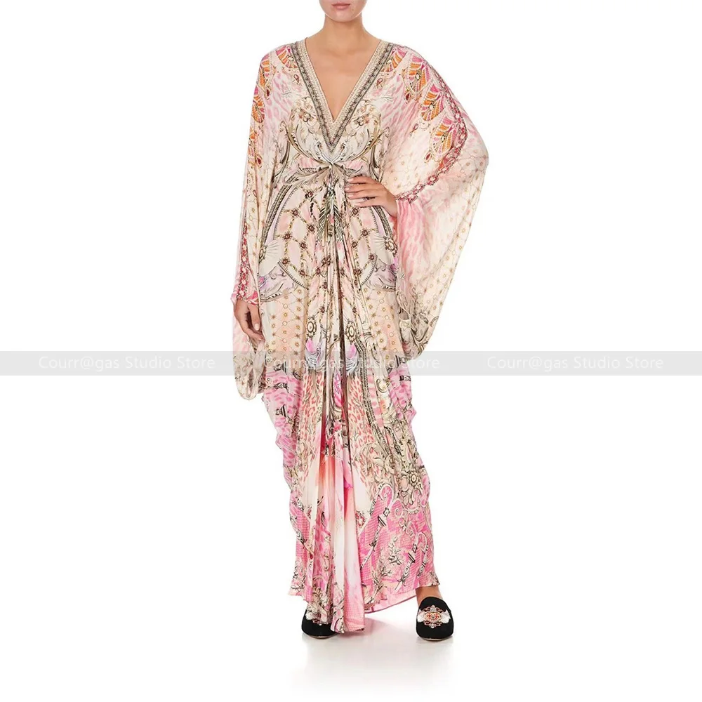 

Australian niche noblewoman holiday style pink large V-neck loose batwing sleeves flower gown long dress dresses