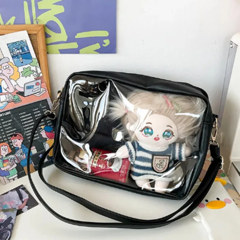 New Pu Clear Double Cartoon Doll Moving Bags For Women Kawaii Transparent Handbag Teenager Girls Cute Ita Bag