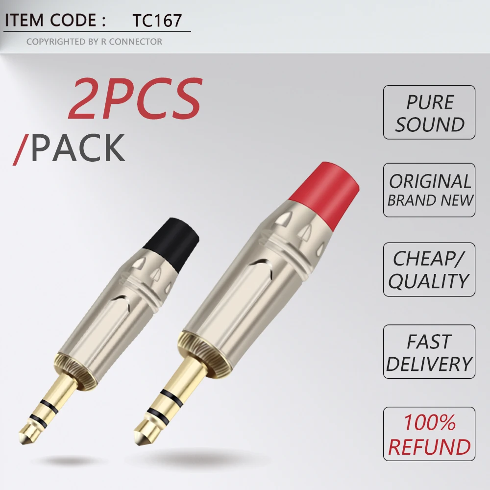 2PCS Jack 3.5MM 3 Poles Stereo Male Plug Connector Soldering Wire Connector Gold Plated 3 Pin 3.5MM Plug Headset Earphone DIY