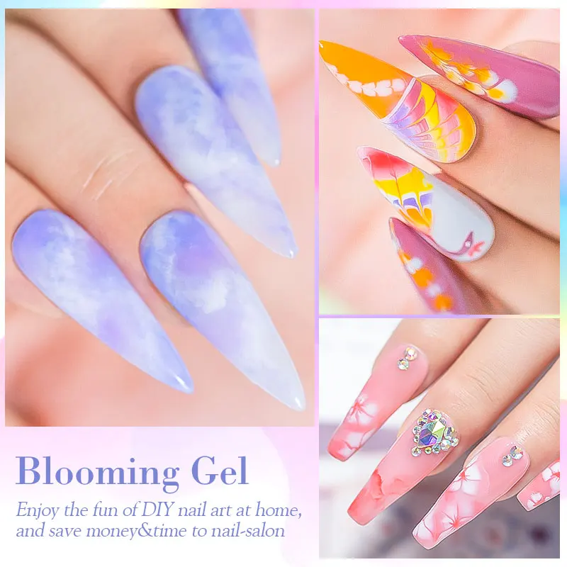 MEET ACROSS 2pcs Nude Pink Blossoming Gel Nail Set Blooming Smoke Effect DIY Nail Art Transparent Painting UV Gel Varnish Kit