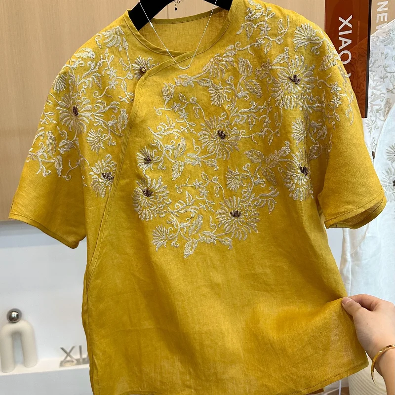 2025 New High-end Fashion Heavy Industry National Style Embroidered Cotton Linen Round Neck Short-sleeved Shirt Top