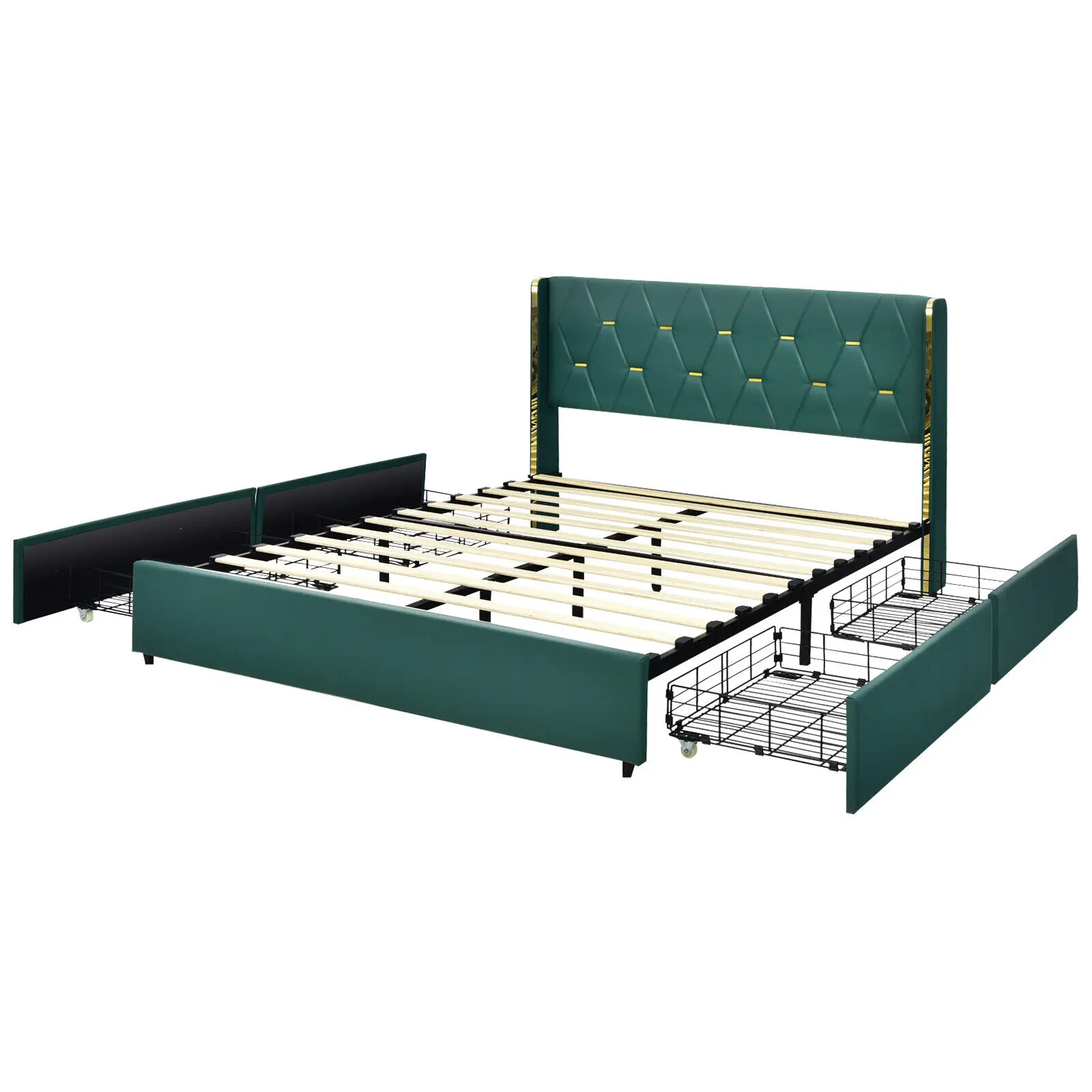 Costway Queen Upholstered Bed Frame with 4 Storage Drawers PU Leather Headboard Green