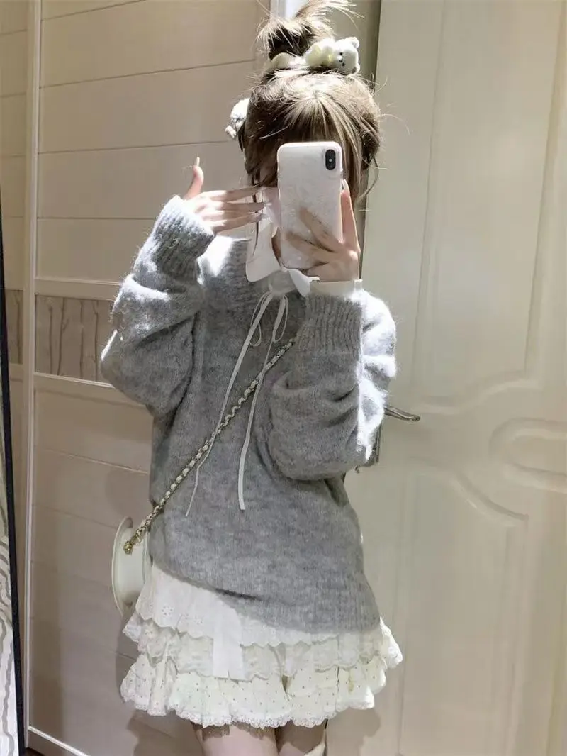 

Женский вязаный свитер с V-образным вырезом и узлом, свободный крой, длинный рукав, мягкий и уютный, осенне-зимний, модный, в университетском стиле, топ