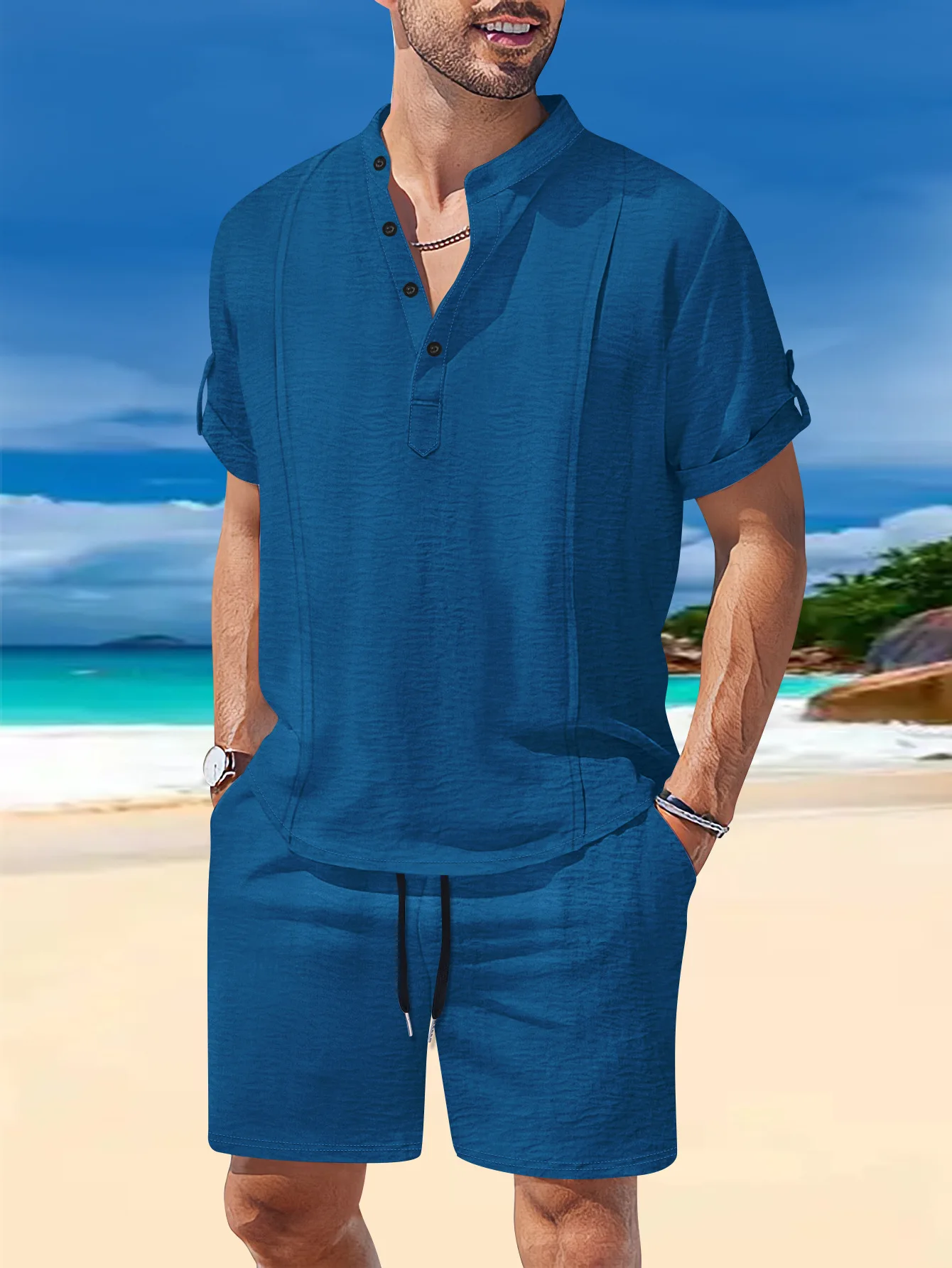 Men's Suit: Fashionable Beach Stand-Up Collar, Solid Color Button, Pullover, Short Sleeve, Drawstring Pocket Shorts