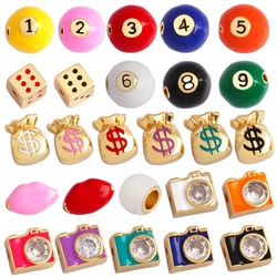 Newest Billiards Dice Camera Purse Lip Zircon Colourful Enamel Bead,18K Gold Brass Bracelet Components Accessories Supplies M72