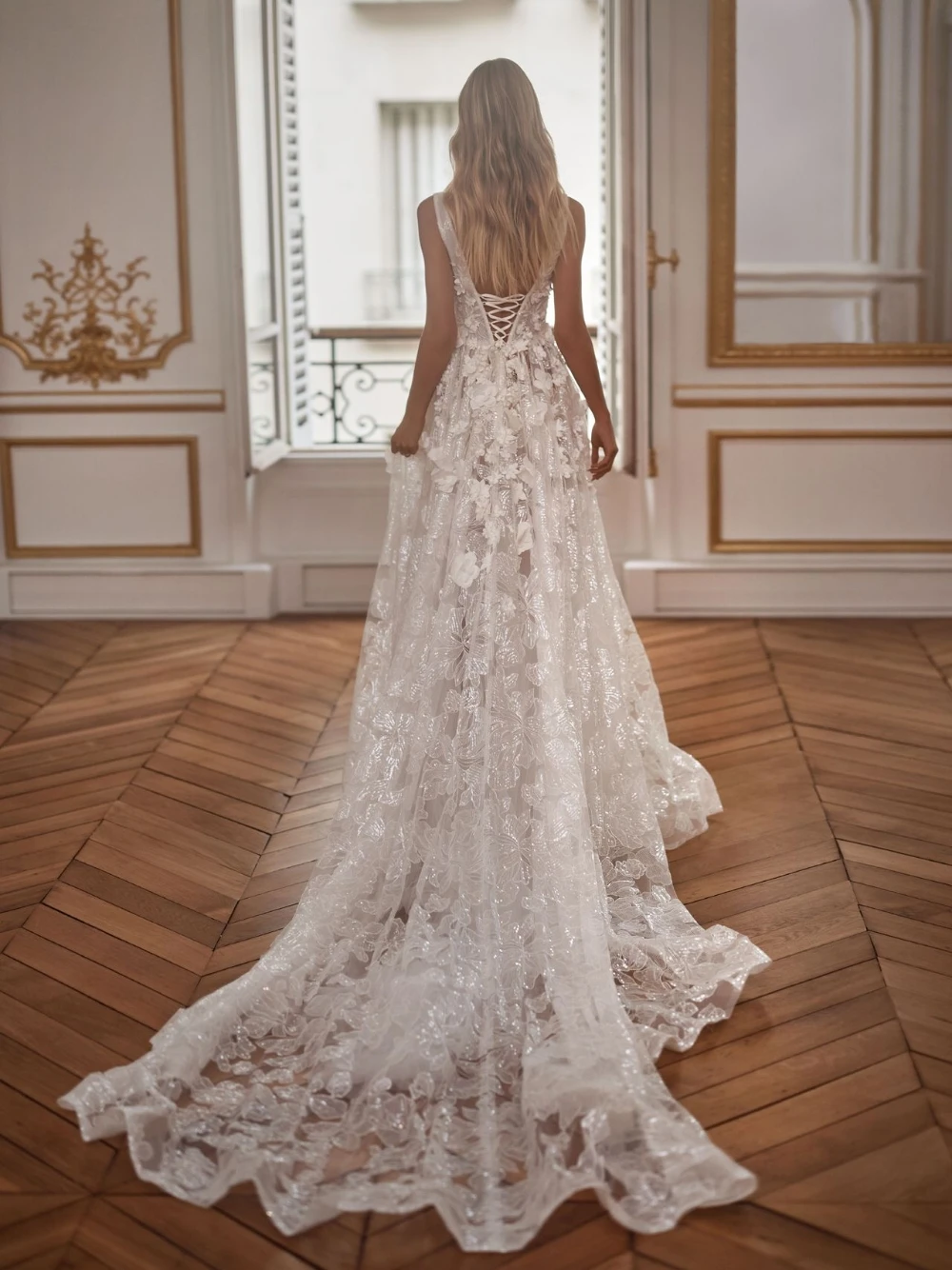 Sparkling 3D Floral Illusion Tulle Sexy Deep V Neck Spaghetti Strap Train Bridal Gown For Wedding Ceremony Engagement Party