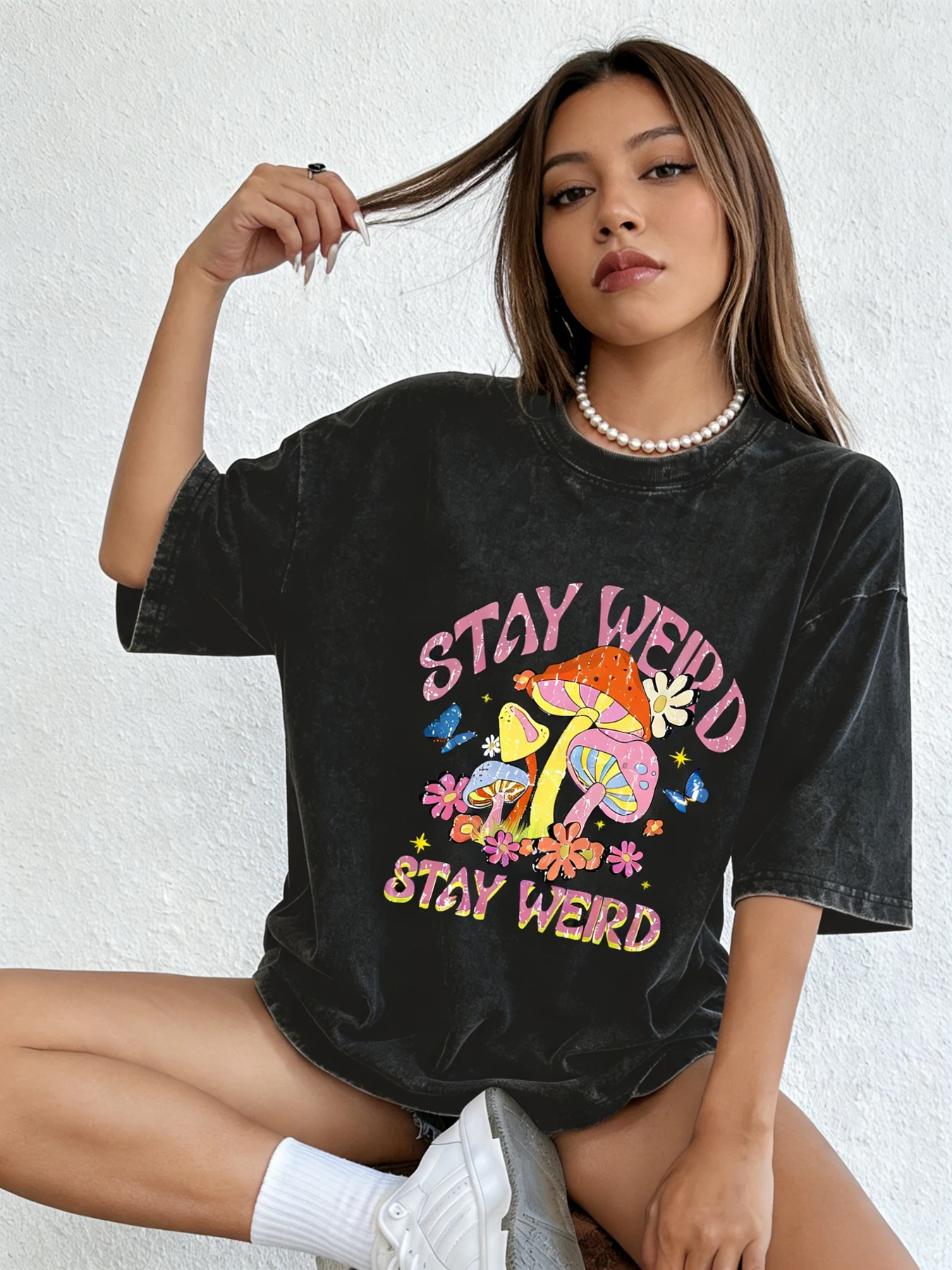 Cotton Washed Women's Loose T-Shirt, "Stay Weird" Colorful Mushroom Print, Quirky Retro Casual Top, Comfortable Summer Fashion