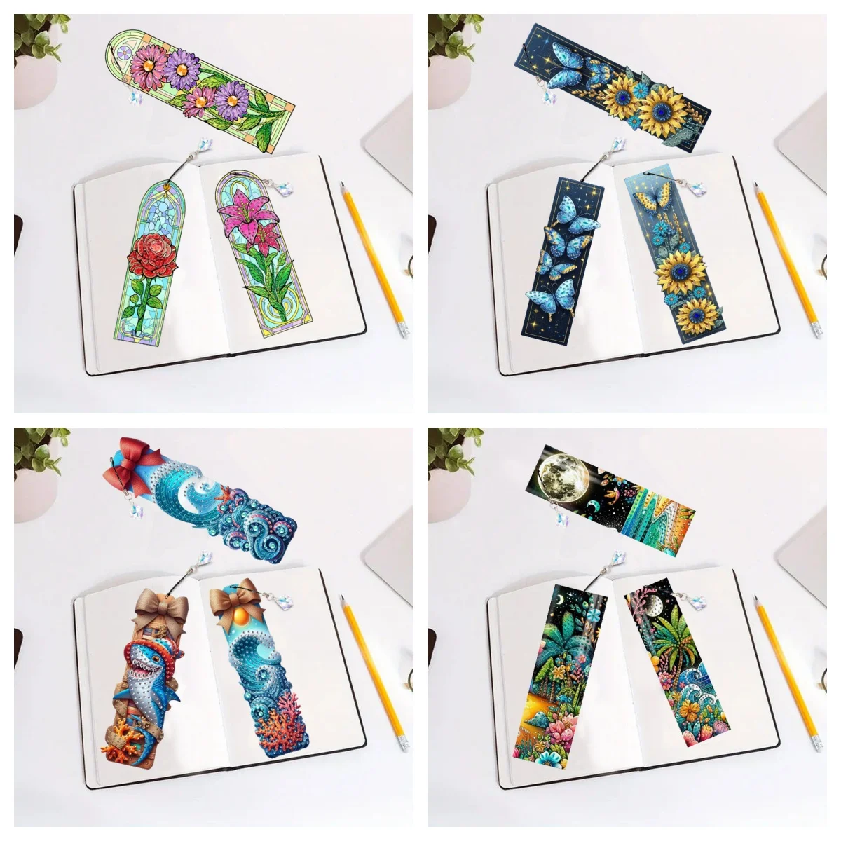 3 Stück/Set DIY Diamant-Malerei-Lesezeichen-Set, Acryl-Kristall-Strasssteine, Diamant-Kunst-Lesezeichen mit Kristall-Anhängern für Bücher