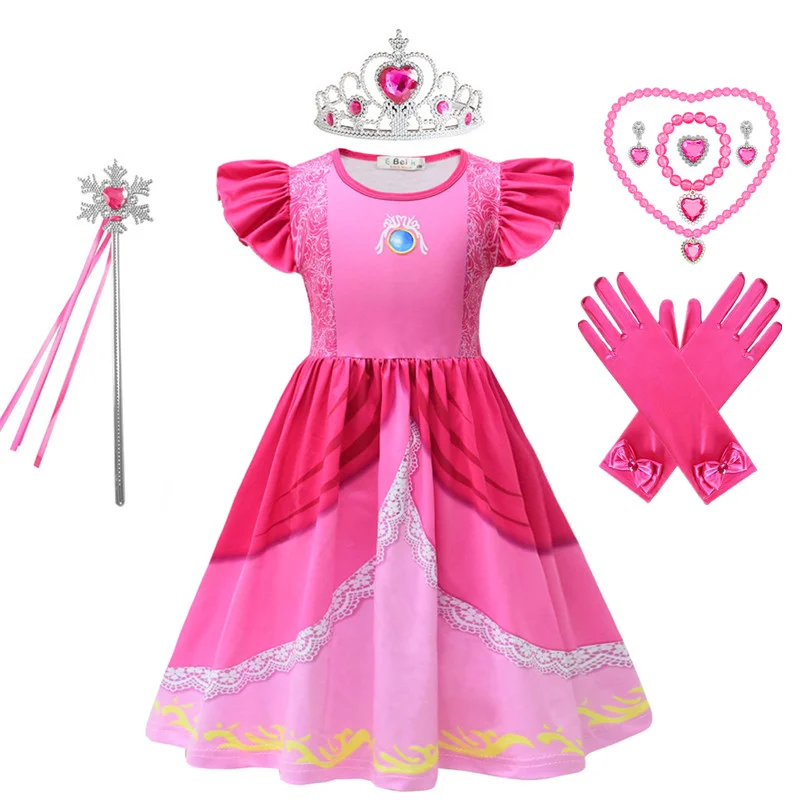 Anime Super Bros Costume for Kids Halloween Party Dresses Luigi-Lover Brothers Peach Princess Cosplay Clothes Girls Fancy Dress