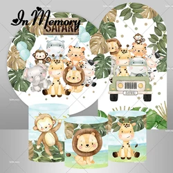 Kids Safari Jungle Birthday Party Green Leaves Driving Car Arch Background Baby Animals Elephant Lion Round Backdrop Cover