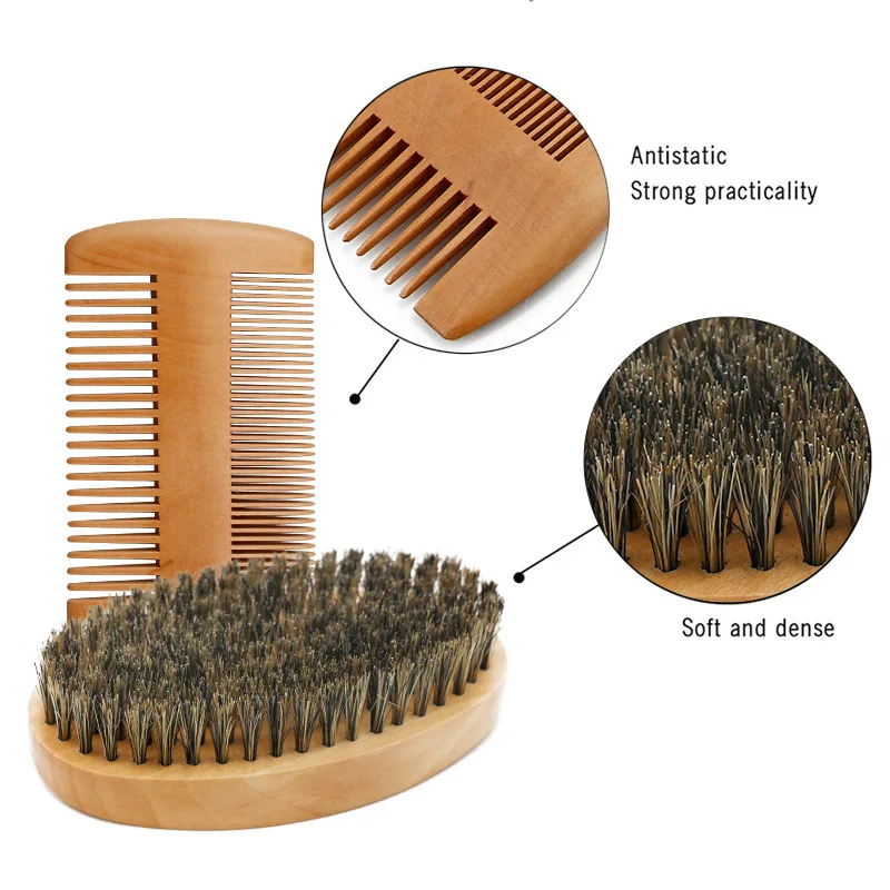 Brosse à barbe professionnelle en bois à poils de sanglier doux, brosse de rasage pour coiffeur, peigne pour hommes, Kit de peigne à moustache avec sac cadeau, ensemble de peignes à cheveux