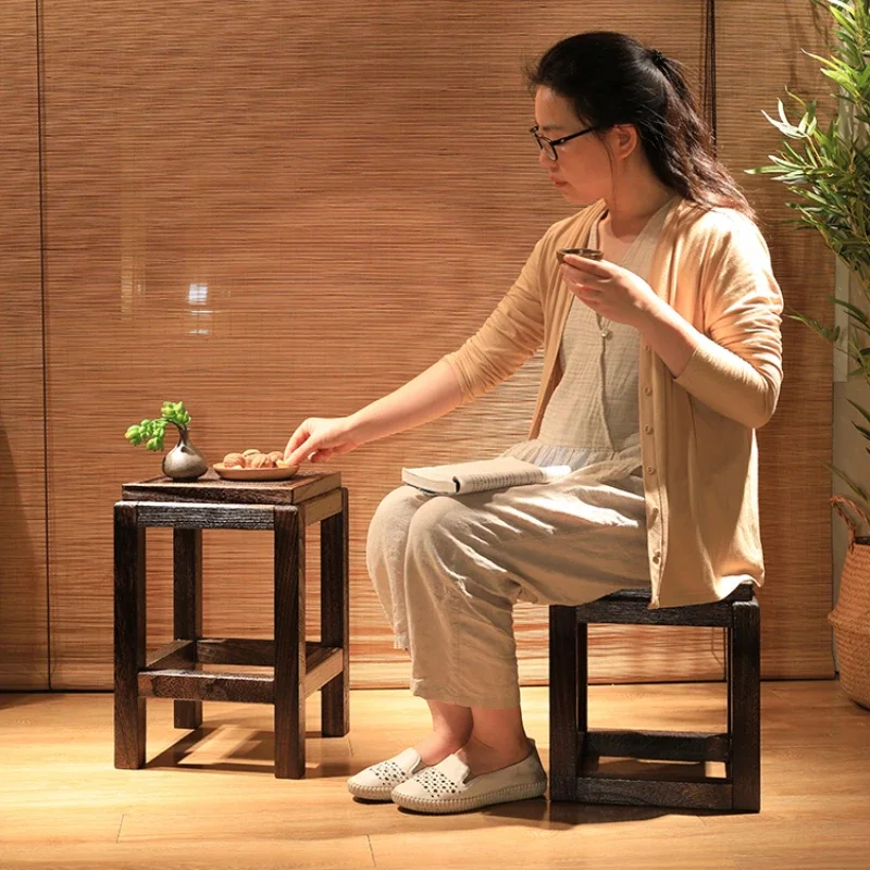 

Японский низкий табурет из массива дерева с квадратным сиденьем для прихожей, винтажный прикроватный пуф, минималистичная обеденная скамья, подставка для ног в стиле дзен