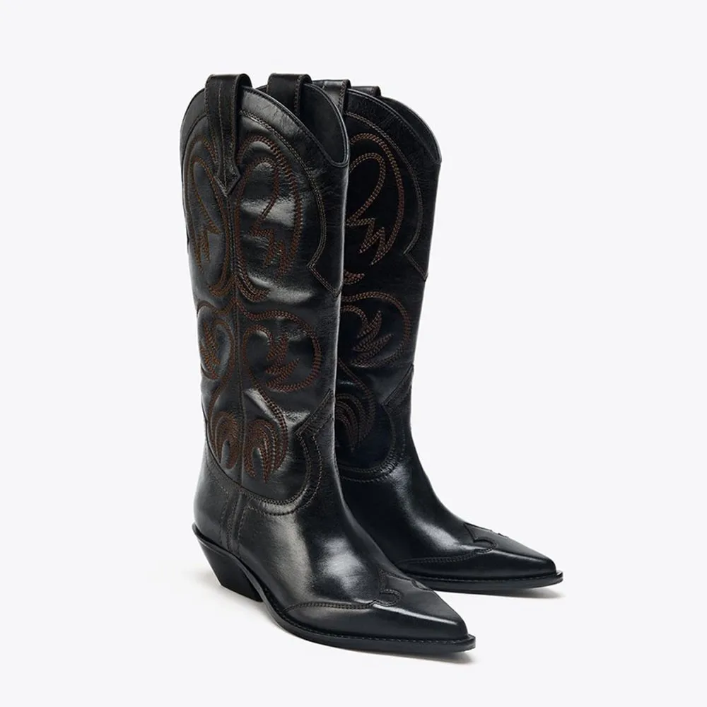 

FWRD Women's Black Leather Western Tall Boots Embroidered Pointed Toe & Mid Block Heel Soft Lining for Autumn Winter #FWRD000375