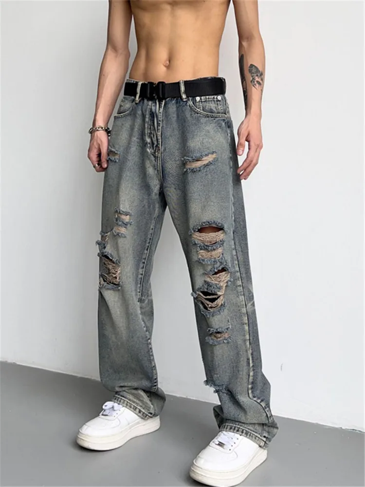 

Vintage Hole Men's Worn Out Denim Pants Summer Trendy Niche Design Loose Casual Straight Jeans Male Distressed Streetwear