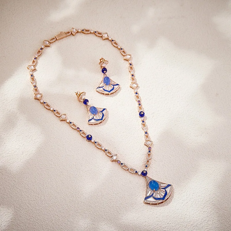 

Eyer Luxury Fashion Jewelry Inlay AAA Cubic Zirconia Fan Style Blue Necklace Earrings For Women Wedding Party Jewelry