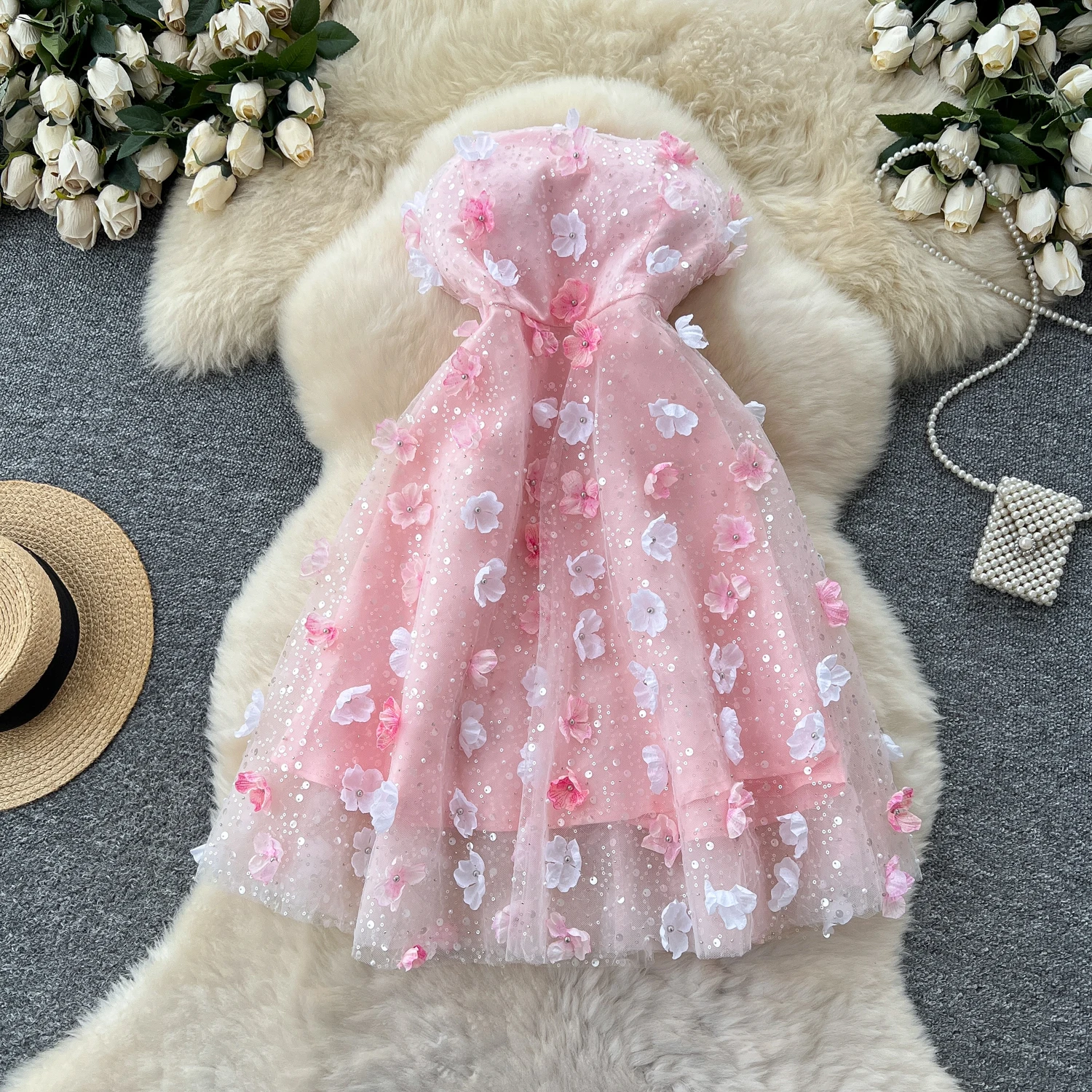 

Elegant sequin Strapless slim A-line Dress Korean Fashion Party Vestidos Chic Summer Sexy Tight Women Hip Wrap Dress
