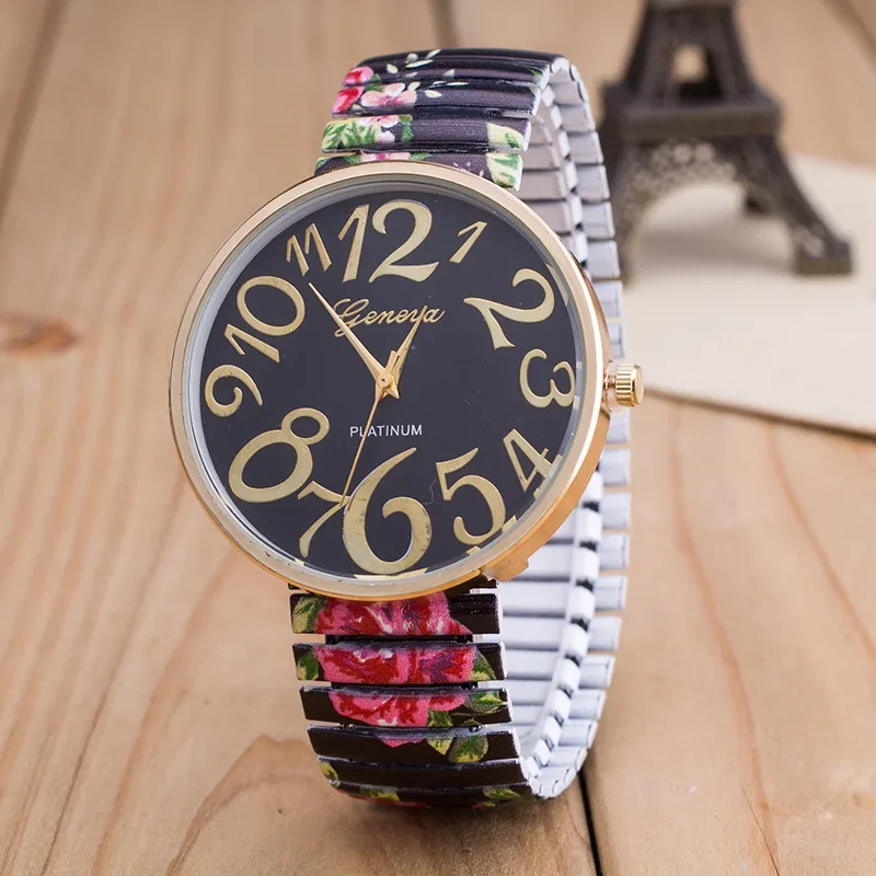 Fashion Women Quartz Watch Large Arabic Number Dial Ladies Wristwatch Unique Elastic Printing Strap Girls Watches Reloj Mujer