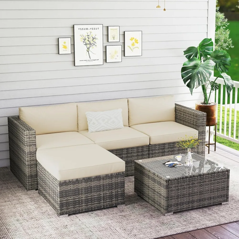 

5 Piece Outdoor Patio Furniture Set, All Weather Wicker Rattan Sectional Sofa Conversation Set With Cushions & Glass Coffee Tab