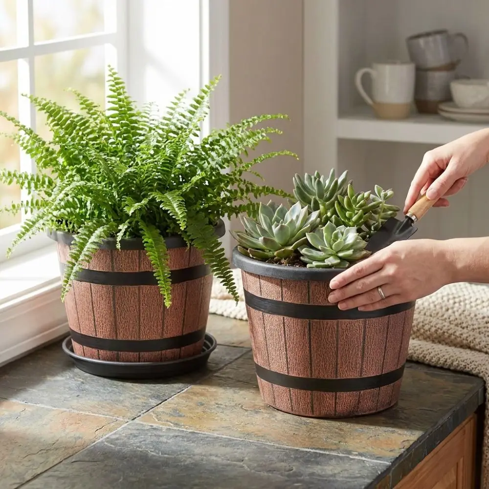 Round Plastic Barrel Flowerpot Thickened Drainage Hole Vintage Planters Matching Saucer Large Capacity Flower Bucket Indoor Use