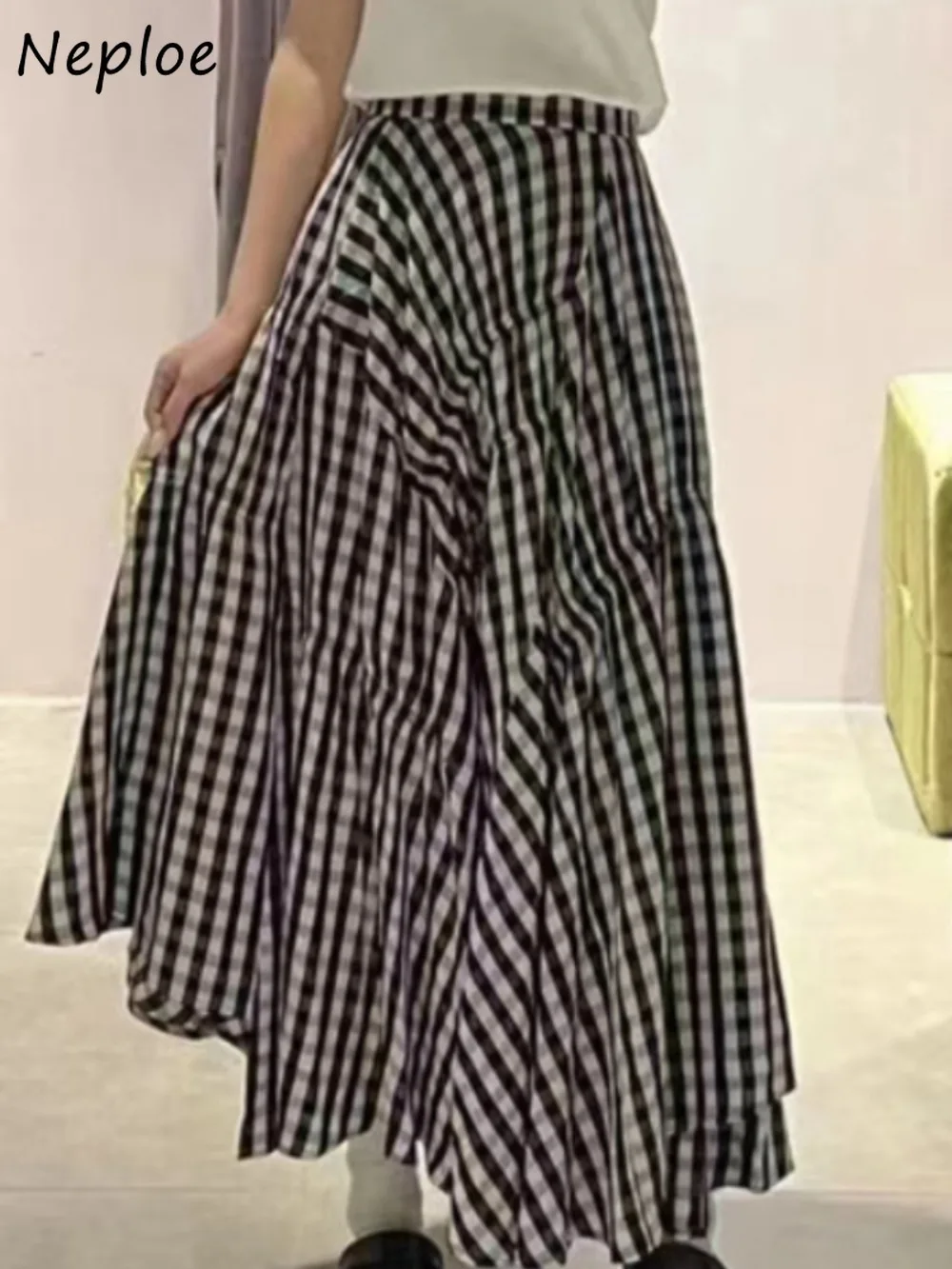 Neploe New High Waist Mid-length Plaid Skirt All-match Simple Irregular Ruched Faldas Japan Moda Slim Big Swing Mujer Faldas