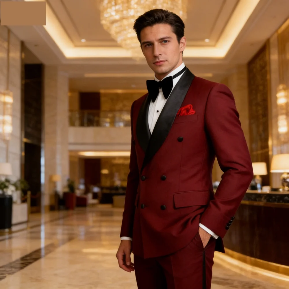 

Slim Fit Men's Tuxedo 2 Piece Set Shawl Lapel Double Breasted Jacket with Pants Best Man Wedding Groom Business Formal Wear