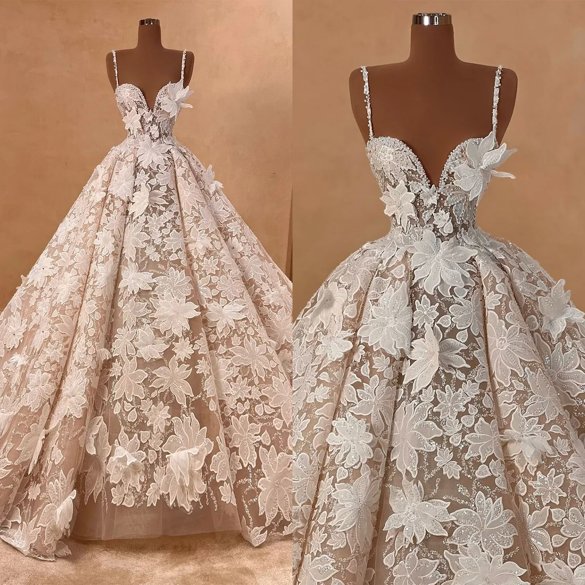 Romantic Wedding Dresses Ball Gown Spaghetti Strap Appliques Pearls Floor-Length Princess Bride Wedding Dress Customized
