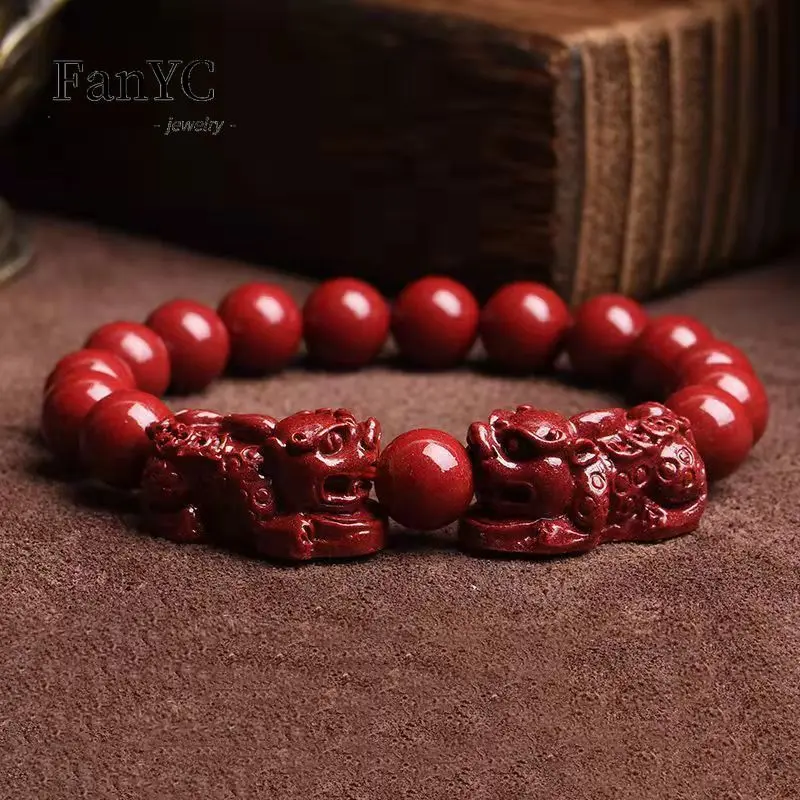 Natural Cinnabar Pixiu Bracelet Purple Gold Sand Elastic Men's and Women's Round Beads String Auspicious Wishful Jewelry Gift