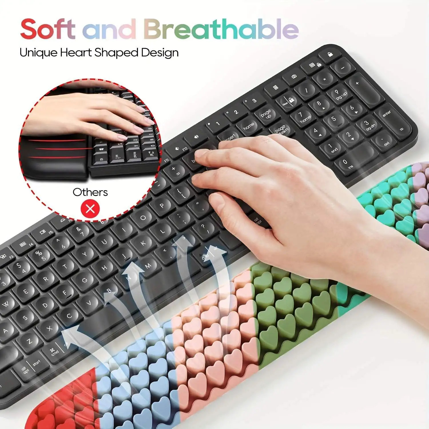 Silikon-Tastatur-Handballenauflage in Herzform, 3 Farben, ergonomische rutschfeste Schreibtischunterlage für Büro und Gaming – Detail 9
