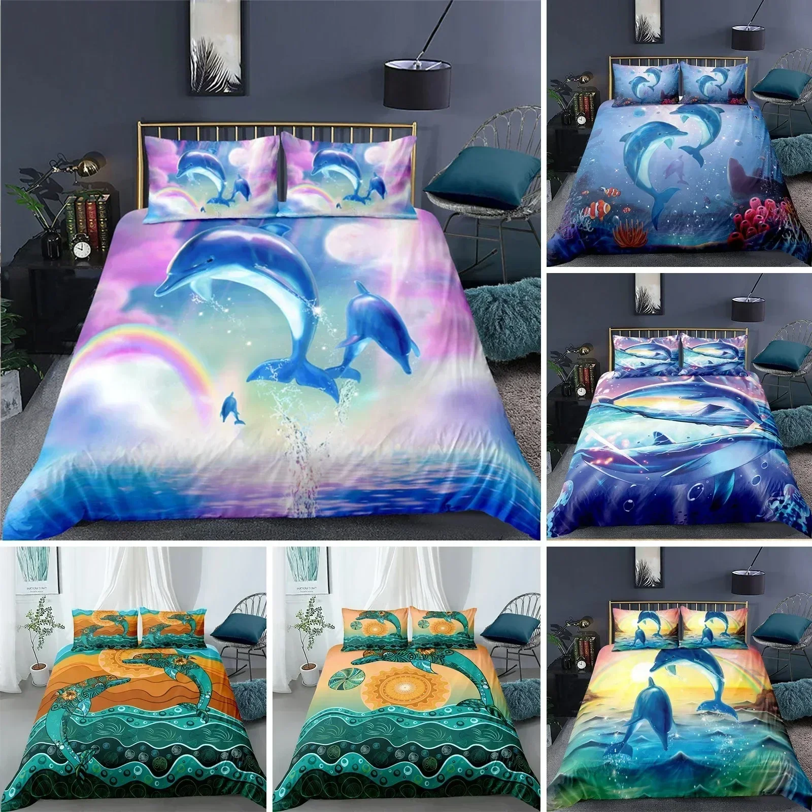 Top Ocean Dolphin Bedding Set Boho Style Marine Themed Duvet Cover Microfiber Sea Creatures Quilt Cover Bedroom Decor