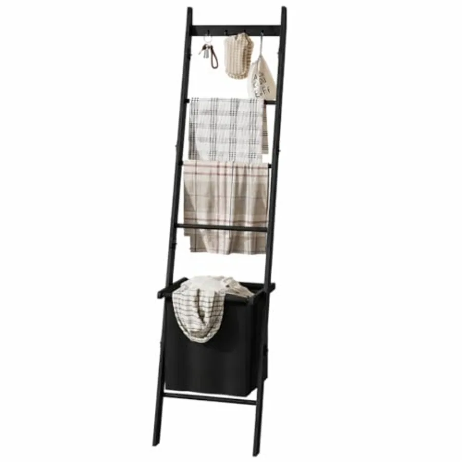 

Blanket Ladder with Removable Basket 5-Tier Quilt Holder Ladder Towel Rack with 4 Hooks for Living Room Bathroom Wall Leaning D
