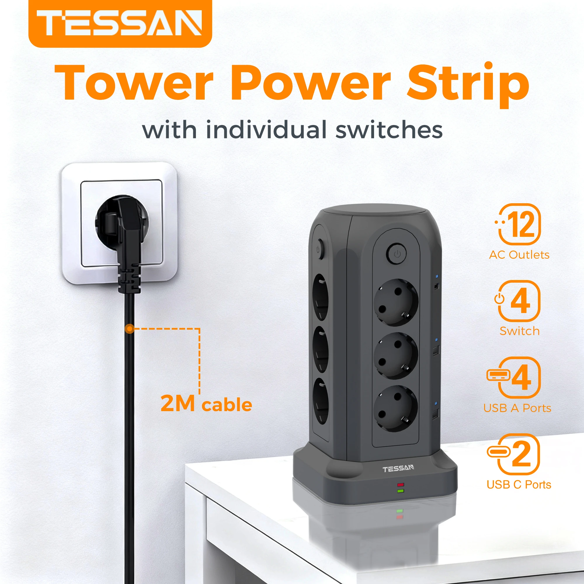 

TESSAN Tower Power Strip with 4 Single Switches USB C Desktop Multiple Socket with Surge Protection 2M Extension Cable for Home