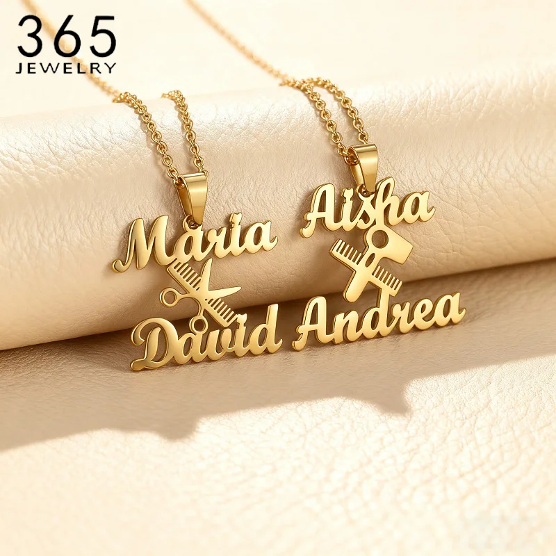 Custom Name Necklace Barber Shop Pole Necklaces Dryer Scissors Comb Hairdresser Pendants For Men Women Trendy Customized Jewelry