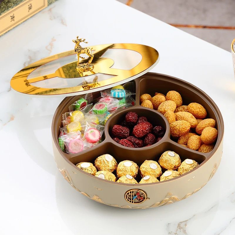 New Chinese Style Living Room Coffee Table Grid with Lid Dried Fruit Tray Light Luxury Desktop Candy Plate Snack Nut Storage